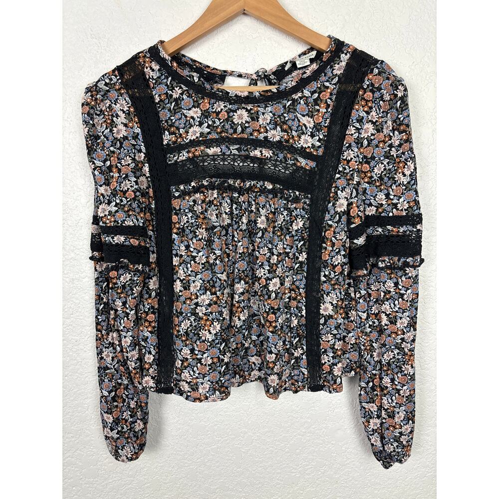 American Eagle Womens Top Sz Small Black Moody Floral Boho Cottagecore Whimsy
